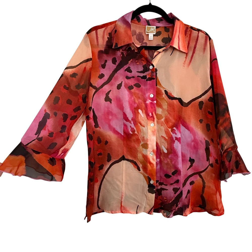 Artsy Boho Ruffle Sleeve Abstract Watercolor Button Blouse Size Medium Statement